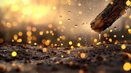 Poster - Glistening Autumn Raindrops on Wooden Branch in Warm Sunlight