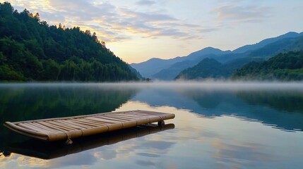 Canvas Print - Tranquil Mountain Lake Landscape at Misty Sunrise or Sunset