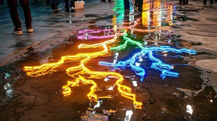 Poster - Captivating Reflections of Vibrant Neon Lights in a Wet City Street