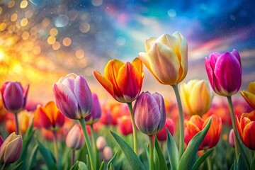 Wall Mural - Spring Bloom: Double Exposure Tulip Border Stock Photo