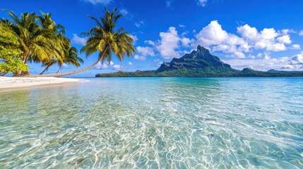 Canvas Print - Breathtaking Tropical Beach Landscape with Turquoise Ocean Palm Trees and Picturesque Mountain in the Background