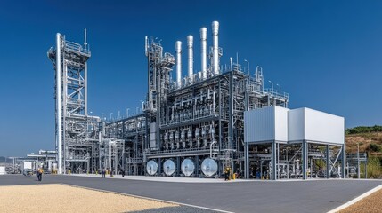 Wall Mural - Industrial facility with large metal structures and multiple emissions stacks against a clear blue sky, showcasing modern engineering and technology for energy production.