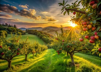 Wall Mural - Summer Orchard Sunset: Rolling Hills, Lush Trees, Golden Hour Landscape Photography