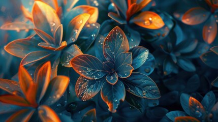 Wall Mural - Close-Up of Lush Green Leaves Glistening with Water Drops in an Enchanting Blue and Orange Hue, Capturing the Beauty of Nature and Its Vibrant Colors