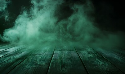 Wall Mural - a green fog on a dark background going across wooden floor. generative ai