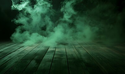 Wall Mural - a green fog on a dark background going across wooden floor. generative ai
