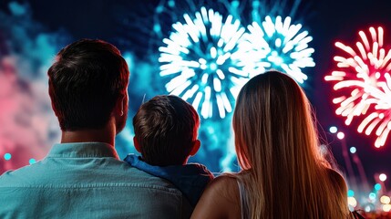 Poster - Family Enjoying Vibrant Fireworks Display in Nighttime City