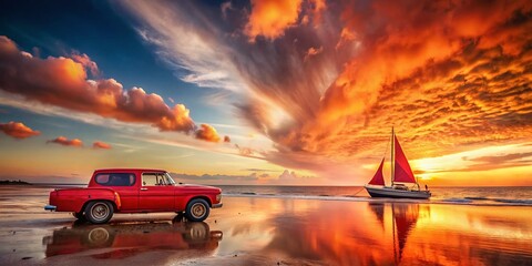 Wall Mural - Surreal Red Truck & Ship: Dreamlike Coastal Scene