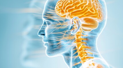 Poster - glowing 3d visualization of the human brain in side profile with digital lighting effects