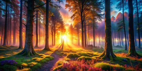 Wall Mural - Surreal Sunset Forest: Dreamlike Golden Hour Landscape Photography