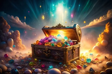 Wall Mural - Surreal Treasure Chest Overflowing with Radiant Gems and Crystals