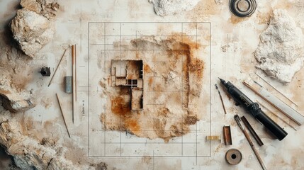 Poster - Creative Workspace with Architectural Drafting Tools and Materials on Textured Surface