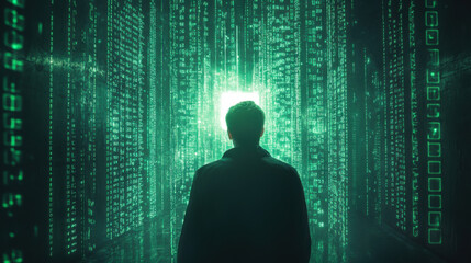 Poster - hacker in a dark room facing a wall of encrypted data, with green code