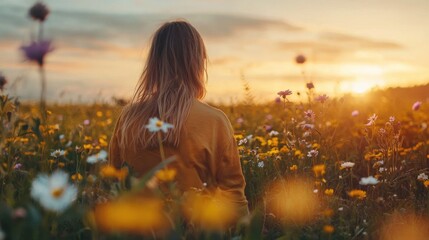 Wall Mural - Woman Standing in Flower Field at Sunset with a Serene and Peaceful Expression