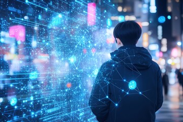 Poster - Navigating the Digital Frontier: A young man stands in a bustling city, gazing at a futuristic, data-driven cityscape projected onto a building.