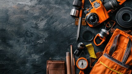 Poster - Variety of Construction Tools and Equipment on Workbench in Workshop or Construction Site