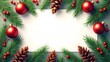 © Jason - Christmas Frame With Pine Needles, Red Ornaments And Pine Cones