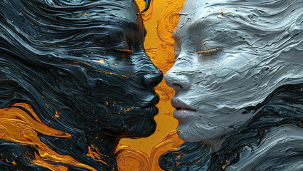 two abstract figures resembling faces that are in profile and look at each other. The left face is made in dark, almost black tones interspersed with golden color, giving the impression of a fluid mas