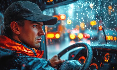 Canvas Print - Man drives in rain, city lights blurred.