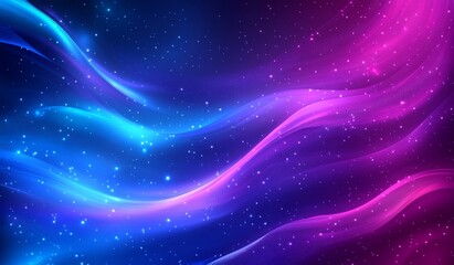 Poster - Abstract cosmic background with glowing neon blue and pink waves and sparkling particles.