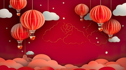 Wall Mural - 3d paper cut invitation card paper cut style for chinese new year in festival lantern illustration p