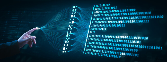 visual representation of big data processing and binary code integration. showcases ai, machine lear