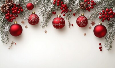 Wall Mural - A festive arrangement of red Christmas ornaments and pine branches, creating a seasonal holiday atmosphere.