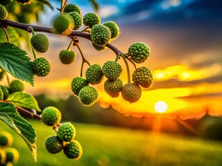 Wall Mural - Unripe Green Fruits Silhouette at Dawn - Organic Nature Stock Photo