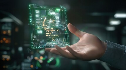 Poster - advanced technology digital circuit board in hand modern lab 3d visualization futuristic environment