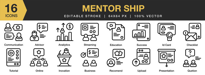 Wall Mural - Mentorship icon set. Editable Stroke Icon Collection. Includes mentorship, support, business, mentor, training, and More. Outline icons vector collection.