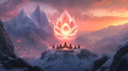 Sticker - Mystical lotus flower hovers over meditating figures atop snowy mountain peaks at sunset.