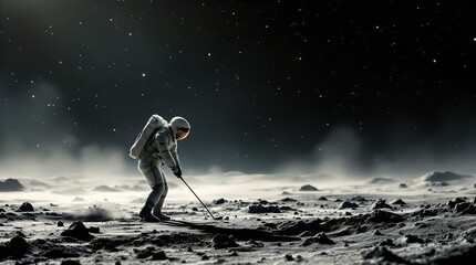 lone astronaut plays golf on a desolate lunar landscape under a starry sky