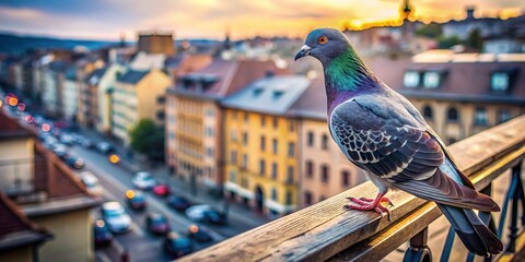 Poster - Urban Pigeon on City Balcony - Peaceful Cityscape Stock Photo