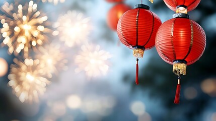 Wall Mural - Vibrant red Chinese lanterns hanging against a backdrop of a golden fir tree creating a festive and auspicious atmosphere with the addition of sparkling fireworks in the night sky