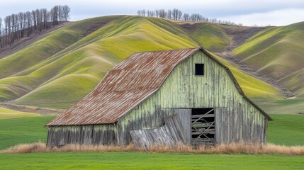 Wall Mural - Old weathered green barn nestled in a valley with rolling hills of vibrant green and yellow.