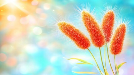 Sticker - Orange fluffy flower heads against a soft pastel background with sunbeams.