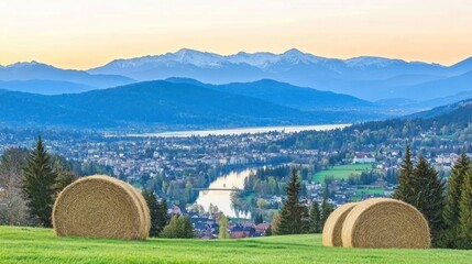 Wall Mural - Panoramic alpine valley vista with hay bales, serene lake, and mountain peaks.