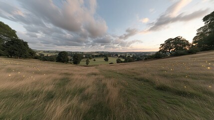 Wall Mural - Panoramic view of a grassy hilltop meadow at sunset, with fireflies illuminating the foreground, overlooking a valley with houses and trees.