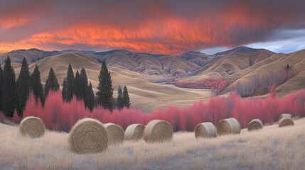 Wall Mural - Panoramic view of a hayfield with round hay bales, colorful trees, and a dramatic sunset over rolling hills.