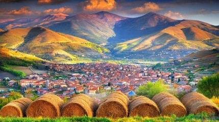 Wall Mural - Panoramic view of a picturesque valley town nestled in a mountain range at sunset, with hay bales in foreground.