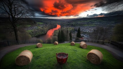 Sticker - Panoramic view of a valley at sunset with hay bales and a decorative fire pit.