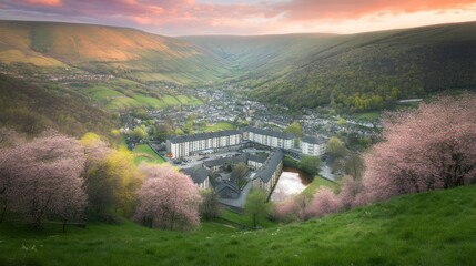 Wall Mural - Panoramic view of a valley town at sunrise, with blooming cherry trees framing the scene.