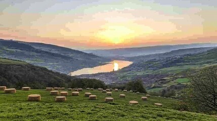 Sticker - Panoramic view of a valley with a lake at sunset, hay bales on a hillside.