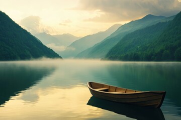 Naklejka na meble Peaceful Early Morning on Lake with Boat and Misty Mountains