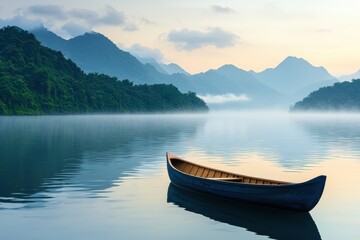 Naklejka na meble Serene Landscape with a Canoe on a Calm Lake at Sunrise