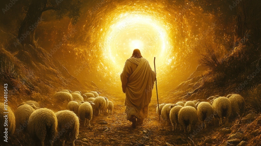 Jesus Christ depicted as a compassionate shepherd, walking with his ...