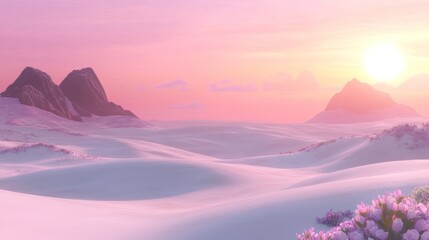 Sticker - Pastel pink sunrise over a desert landscape with mountains and flowering plants.