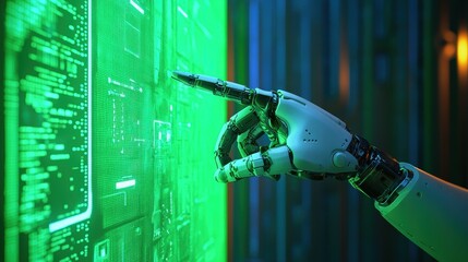 Poster - Futuristic Robot Hand Pointing at Interactive Green Digital Screen Interface with Data and Codes Illuminated in High-Tech Environment