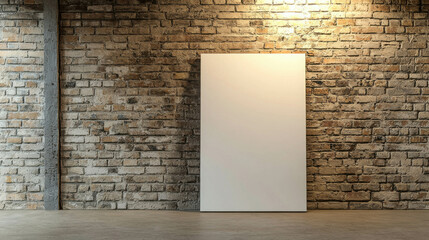 Poster - Empty White Canvas Leaning Against Vintage Brick Wall in Modern Gallery Space