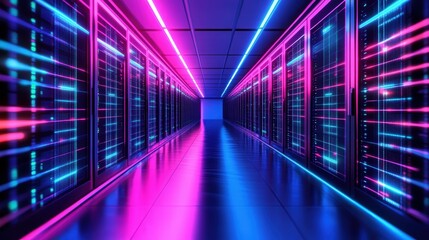 Poster - Futuristic Abstract Background with Neon Lines and Technology Inspired Elements in a High-Tech Data Center Environment
